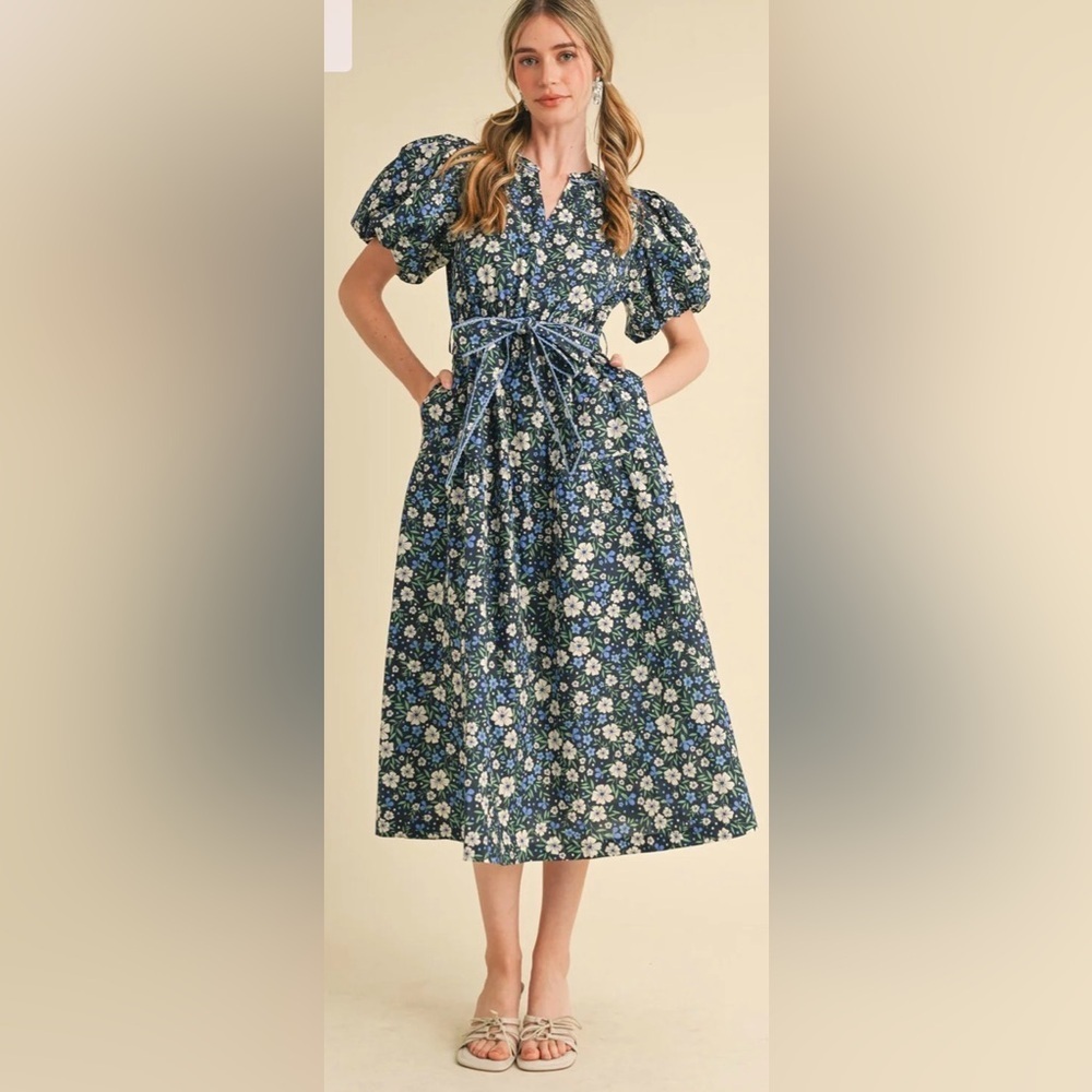 &merci Navy Blue Floral V-Neck Puff Sleeve Midi Dress Size Small